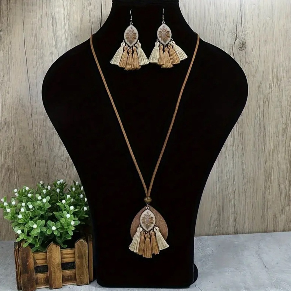 Tan and Brown Tassel Necklace with Fringe Pendant